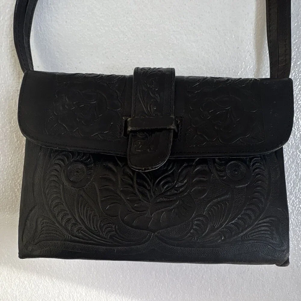 Vintage Black Embossed Leather Western SW Floral Shoulder Bag Purse W/Adj Strap